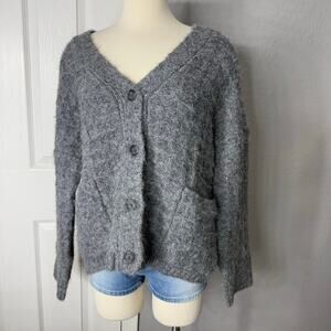 Oak and Fort Oversized Wool Blend Fuzzy Button Up Sweater Cardigan, Grey, S/M